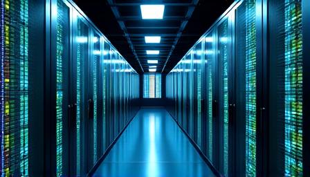 A server room with glowing blue lights